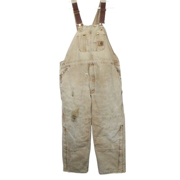 Vintage! Carhartt Bib Overalls Tan Double Knee Insulated Distressed 46x30